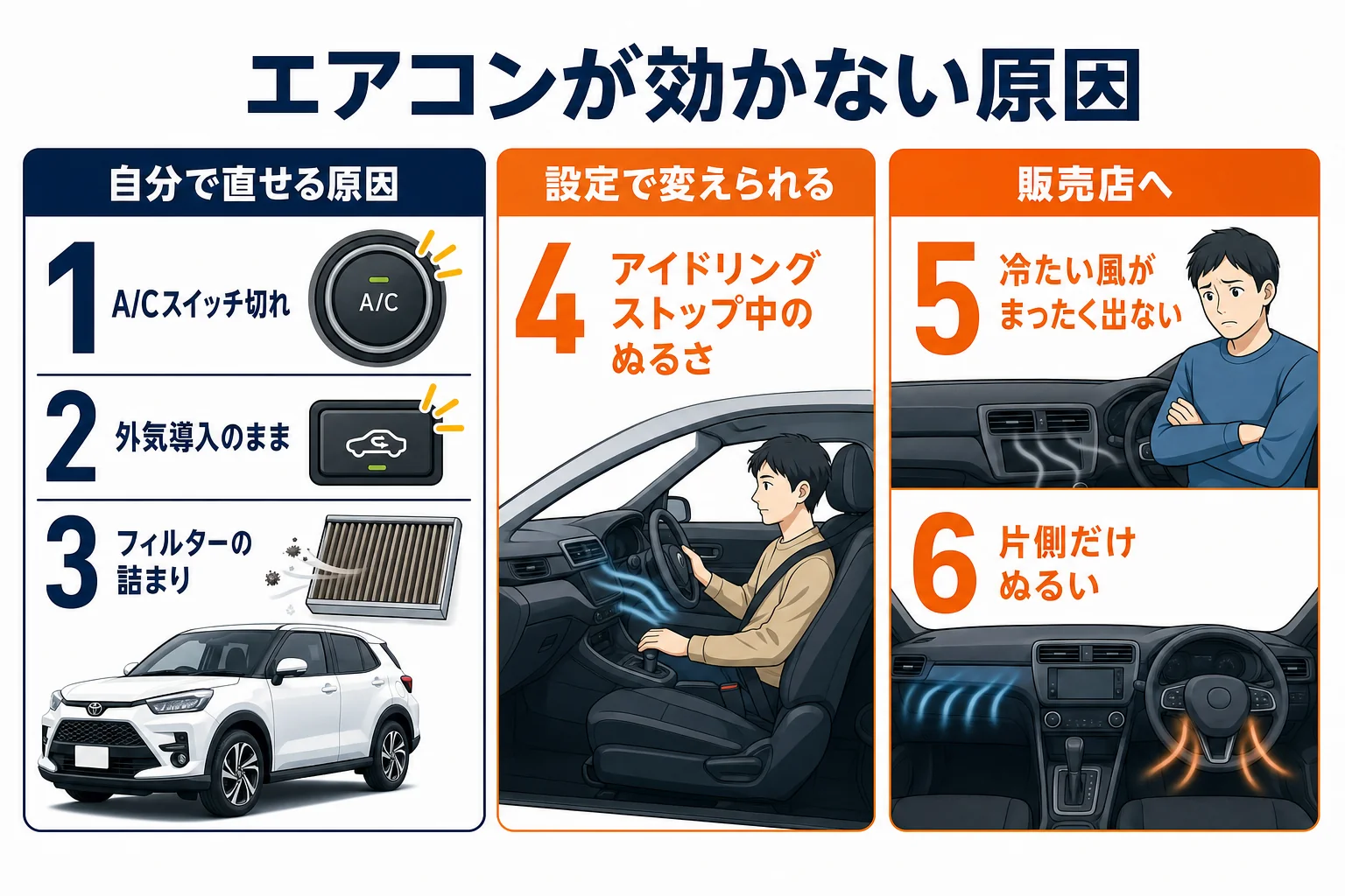 ライズのエアコンが効かない原因を症状別に分けた図解