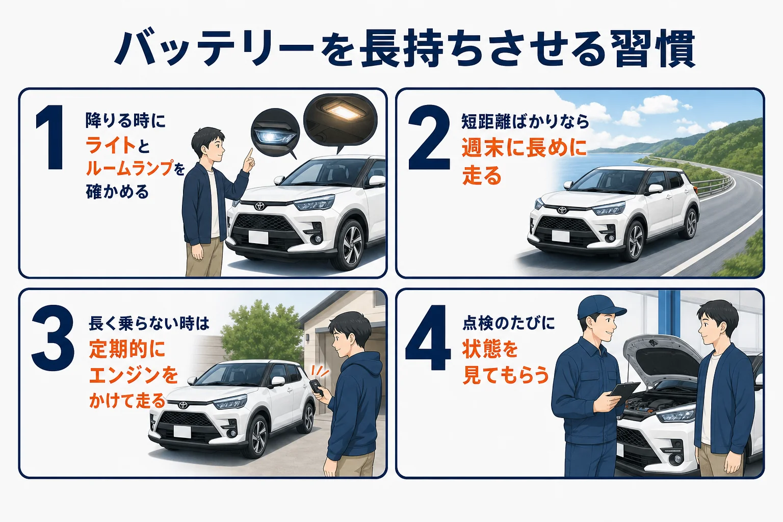 ライズのバッテリーを長持ちさせる習慣とアイドリングストップの使い分けを示した図解