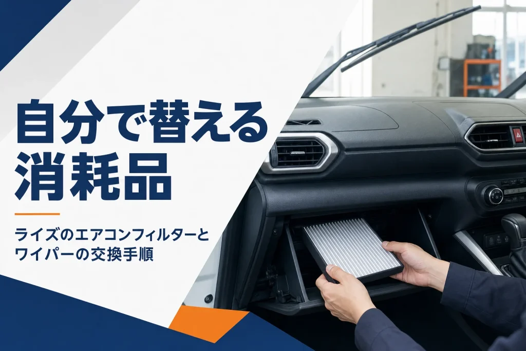 コンパクトSUVの車内で新しいエアコンフィルターを手に持つ手元