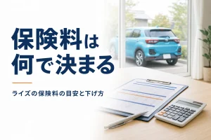 テーブルの上の自動車保険の見積書と電卓、窓の外に停まるコンパクトSUV
