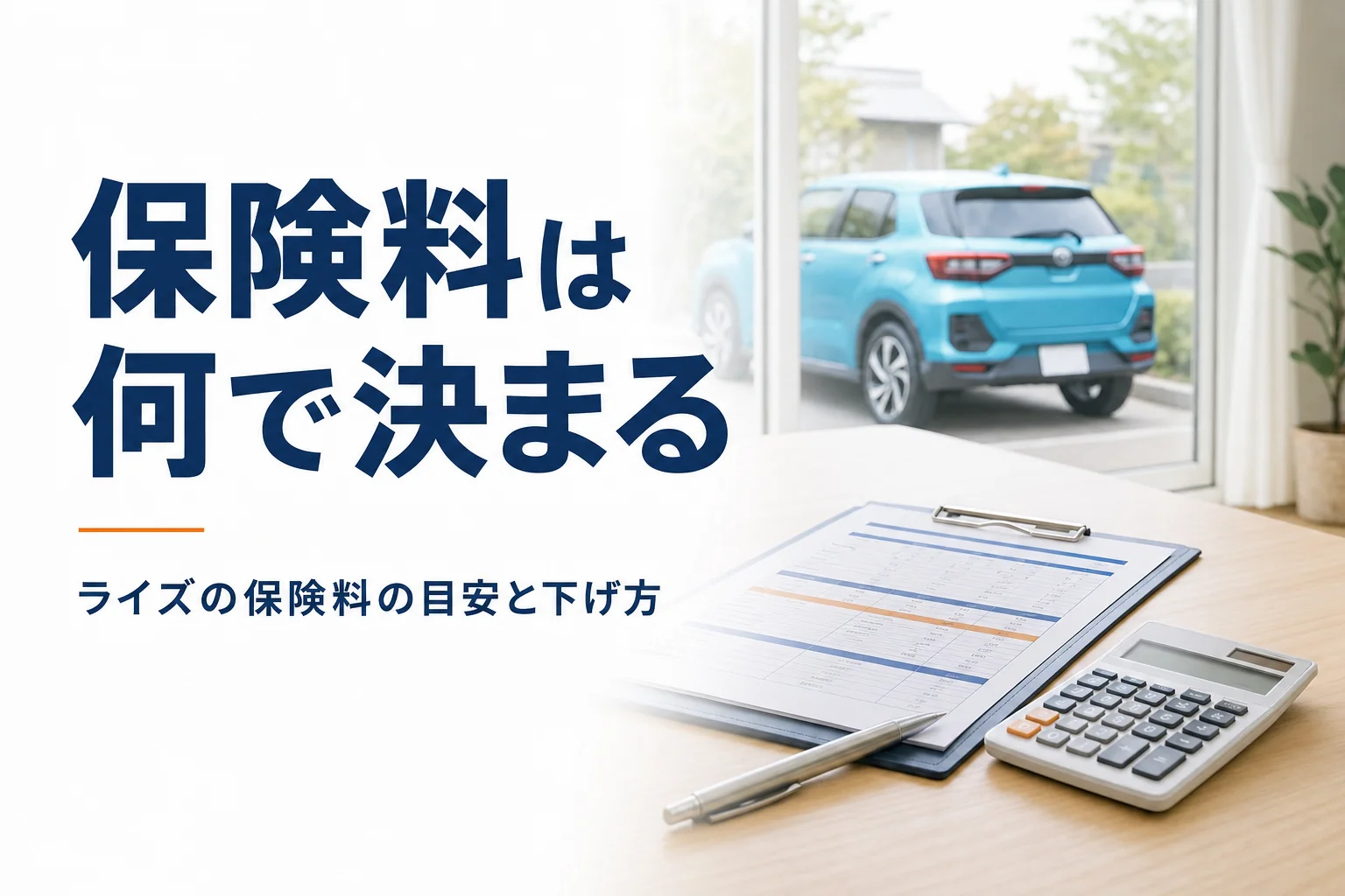 テーブルの上の自動車保険の見積書と電卓、窓の外に停まるコンパクトSUV