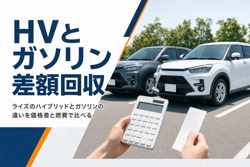 コンパクトSUV2台と電卓で、ハイブリッドとガソリンの損得を考えるイメージ