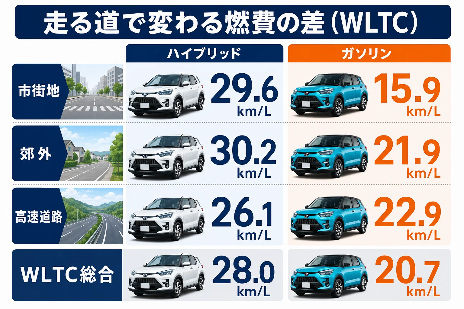 ライズのハイブリッドとガソリンのWLTC燃費を走行モード別に比べた図解