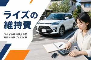駐車場に停まるコンパクトSUVと、手前に置かれた電卓と家計簿