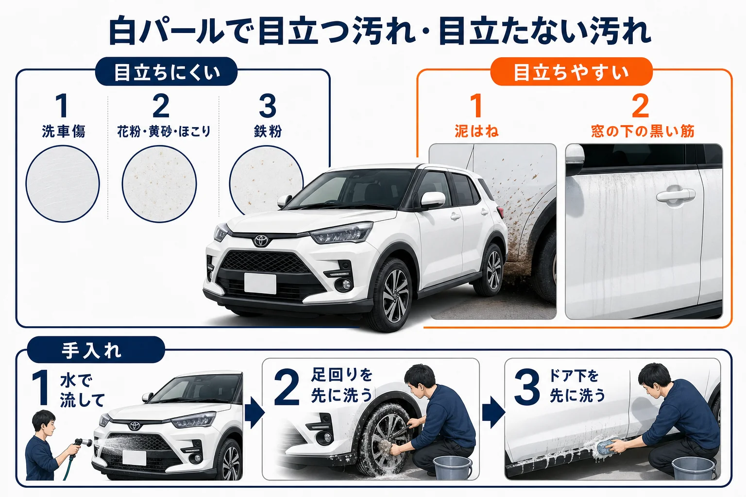 ライズの白パールの汚れの見え方と手入れのポイントを示した図解