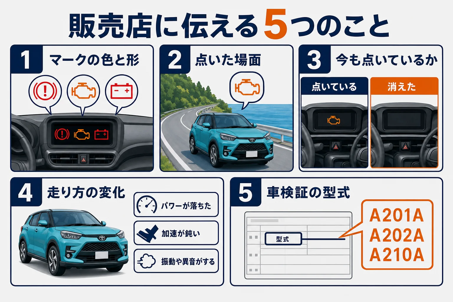 警告灯が点いたときに販売店へ伝える5つの項目をまとめた図解