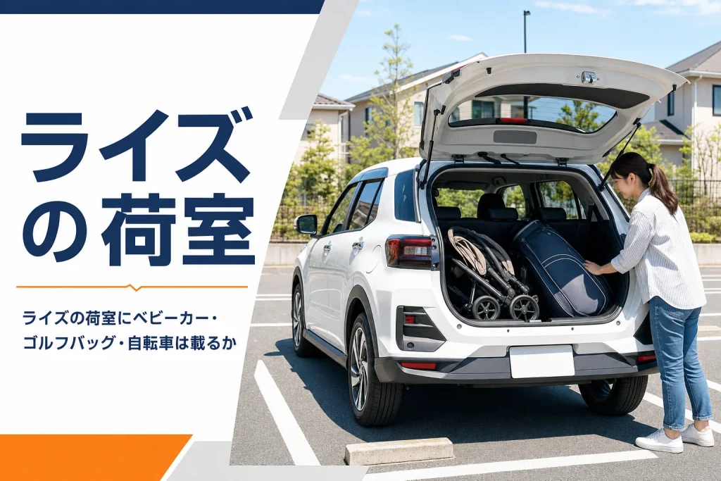バックドアを開けたコンパクトSUVの荷室にベビーカーとゴルフバッグが積まれている様子