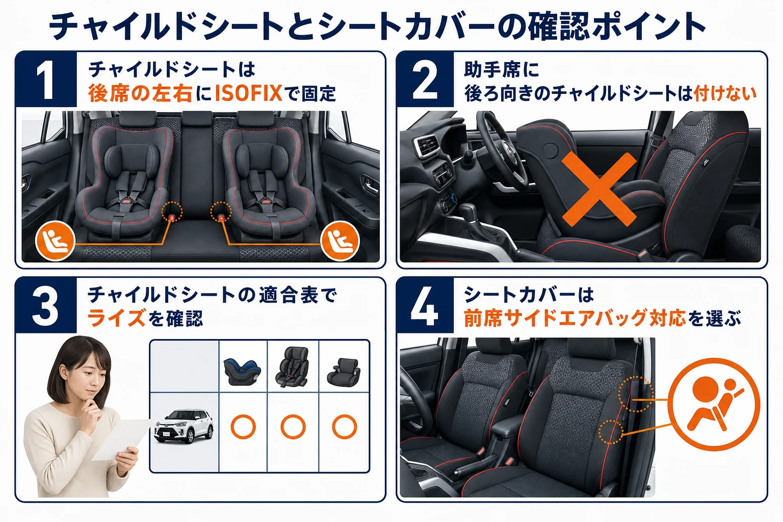 ライズでチャイルドシートとシートカバーを選ぶ時に確かめたいポイントの図解