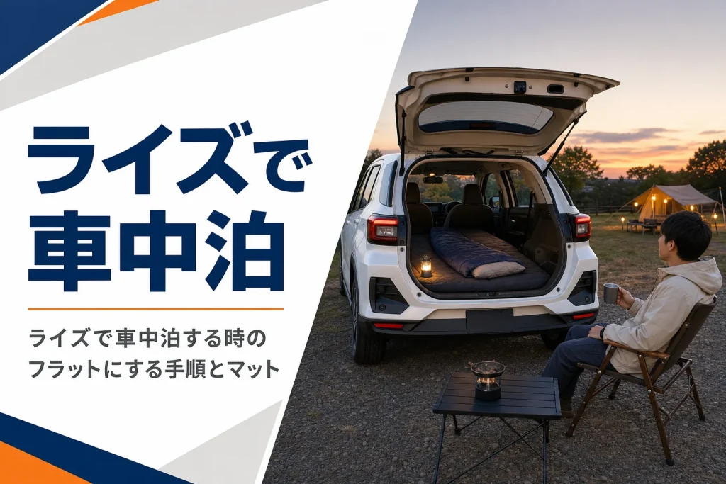 夕暮れのキャンプ場でバックドアを開けた荷室にマットと寝袋を敷いたコンパクトSUV