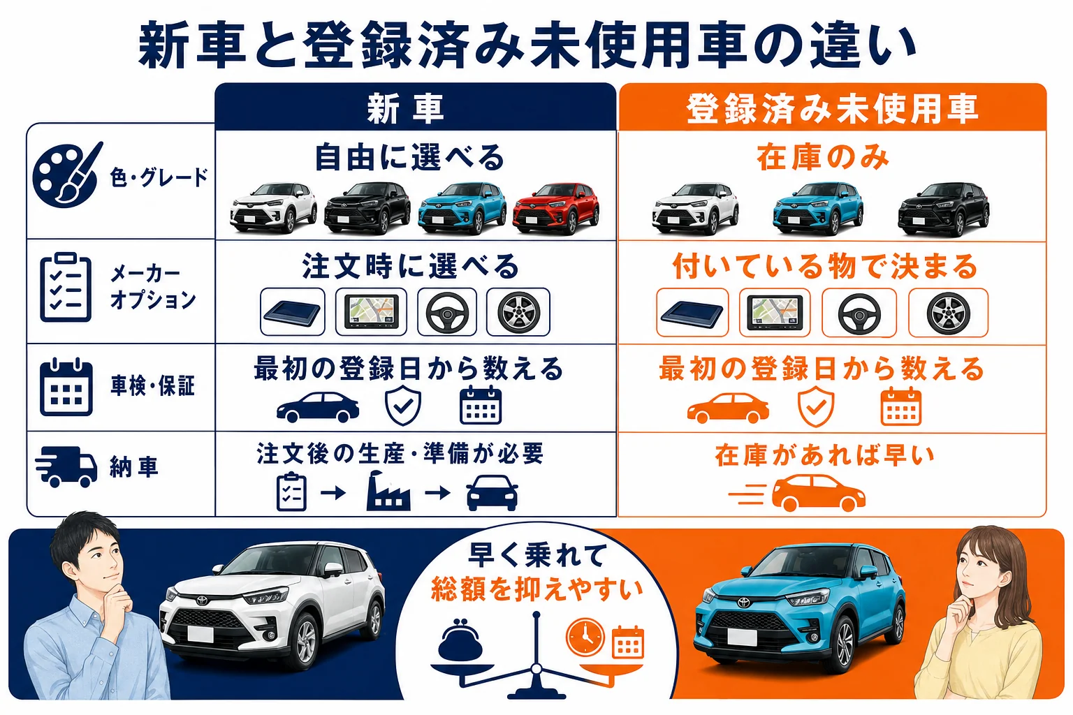 ライズの新車と未使用車の違いを項目ごとに比べた図解