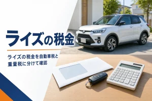 テーブルの上の納税通知の封筒と車のキー、背景にコンパクトSUV